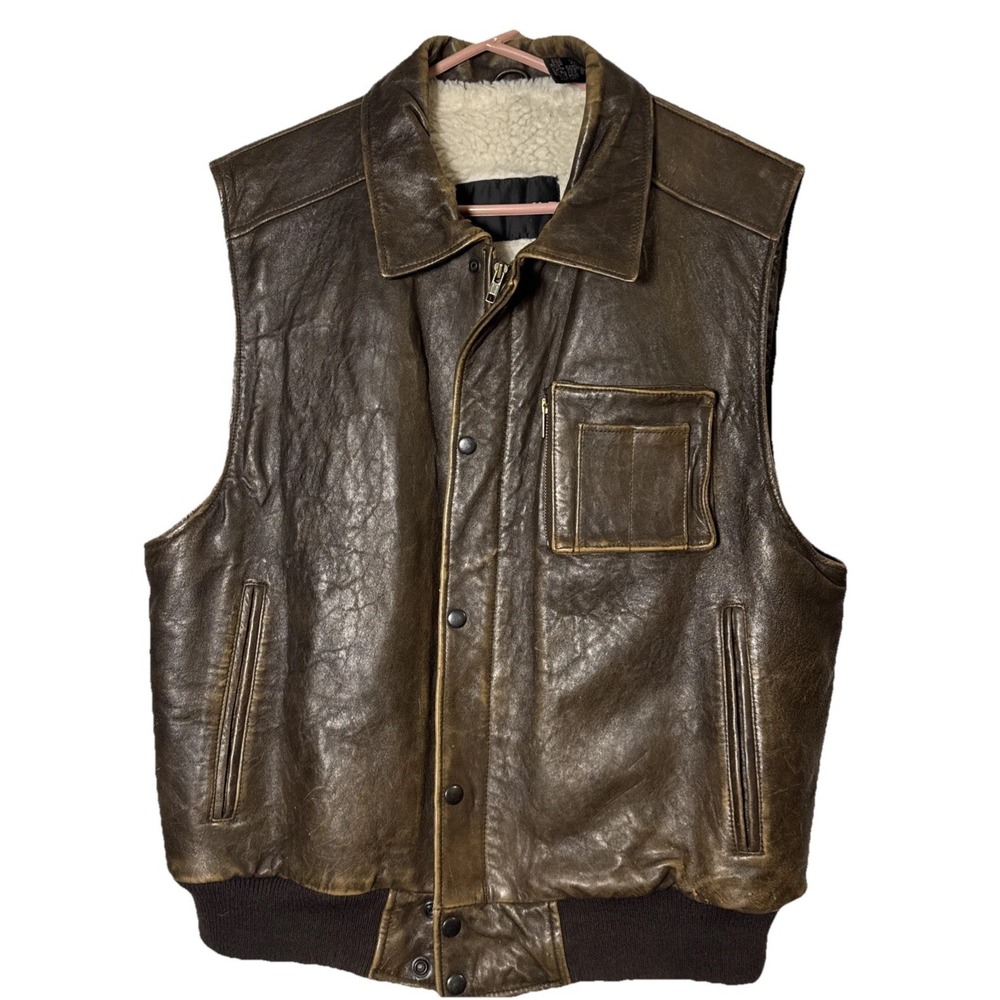 Mens Brown Leather Vest Sherpa Lined Distressed Bomber Style Size L‎ Zip Snap